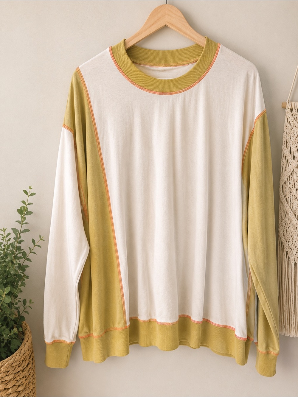 By Together Cream and Olive Color block with Orange Topstitch- neutral boho